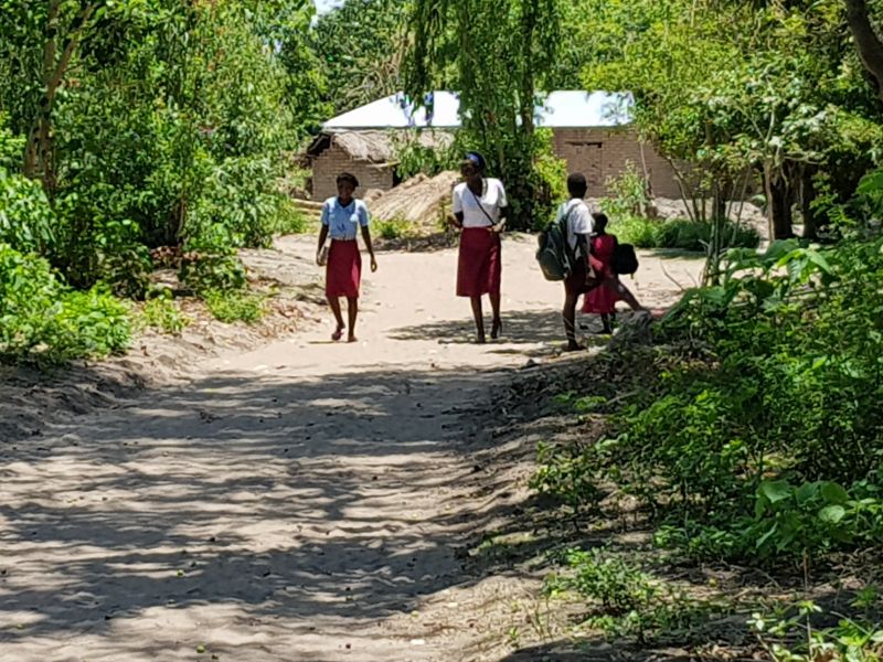 School girls in the village back from school 村内放学女孩