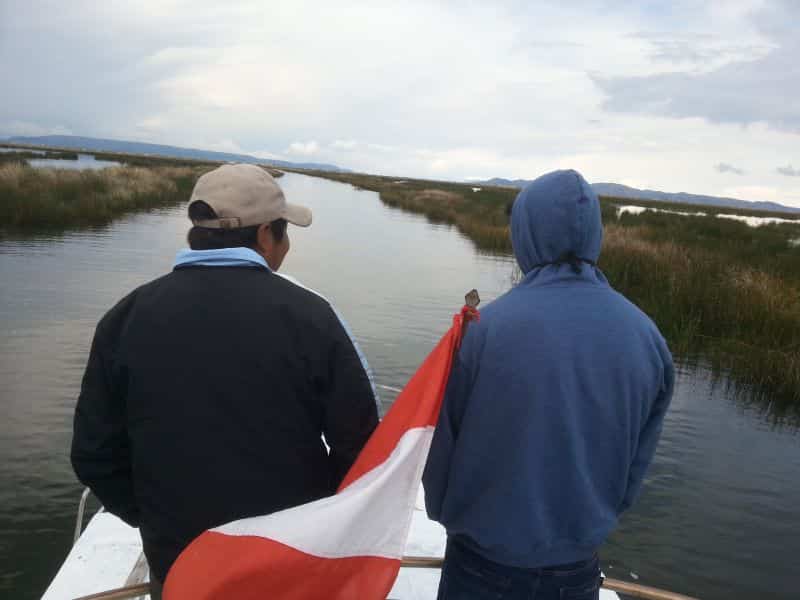 Boat cutting through the reed on the lake 在湖中芦苇中开出水道