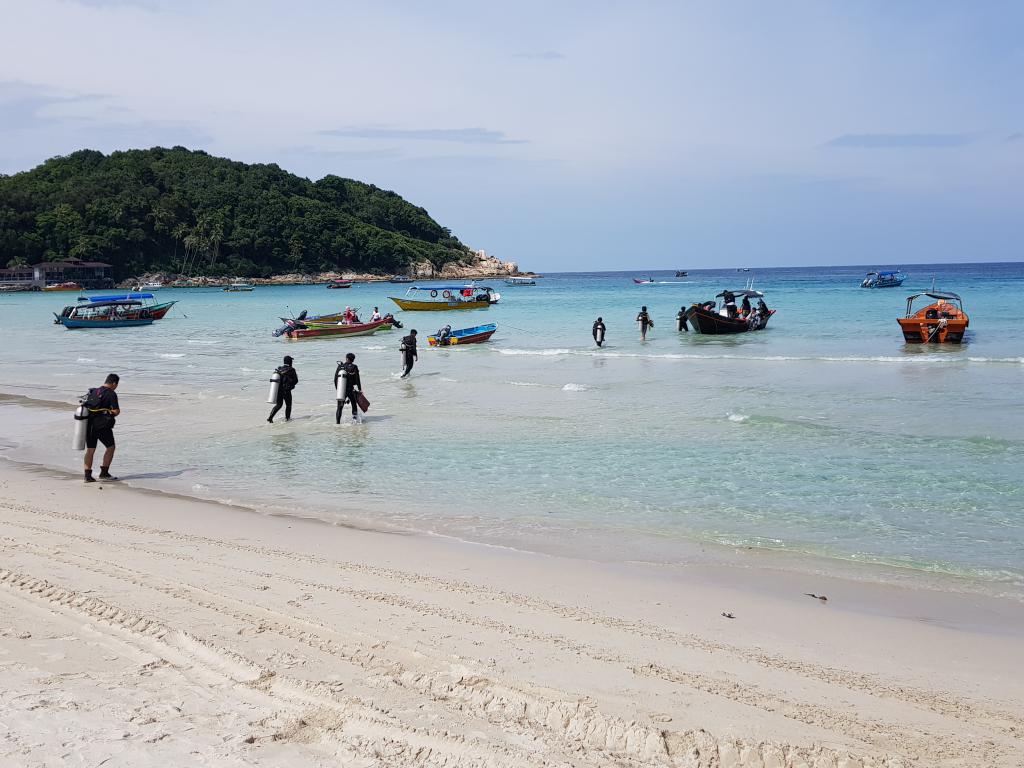 Scuba divers marching off for dives 背着大桶去潜水 