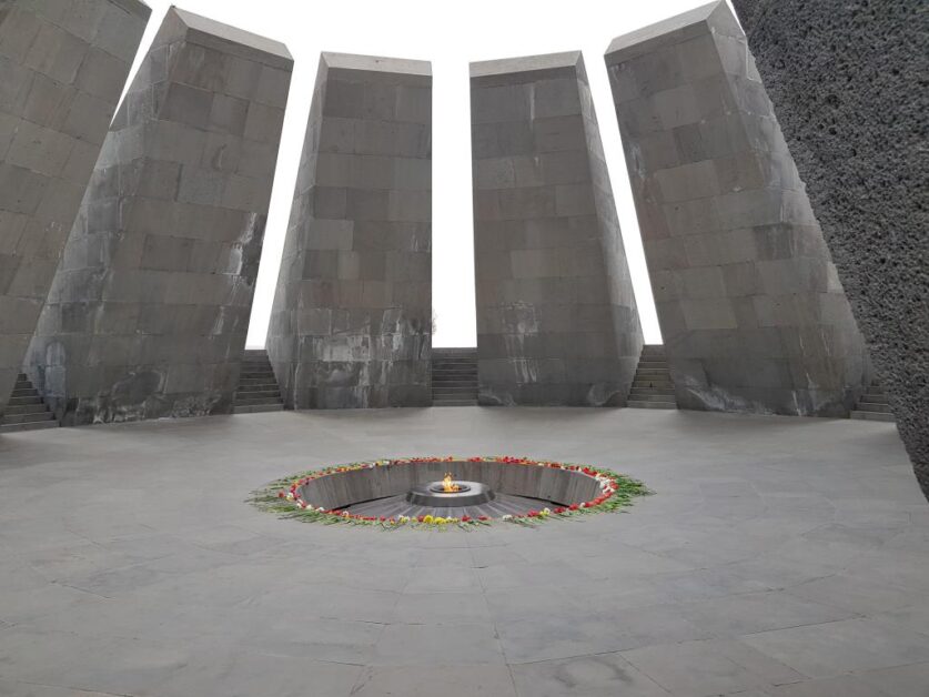 The Eternal Flame in the center of the twelve slabs, Armenian Genocide Memorial