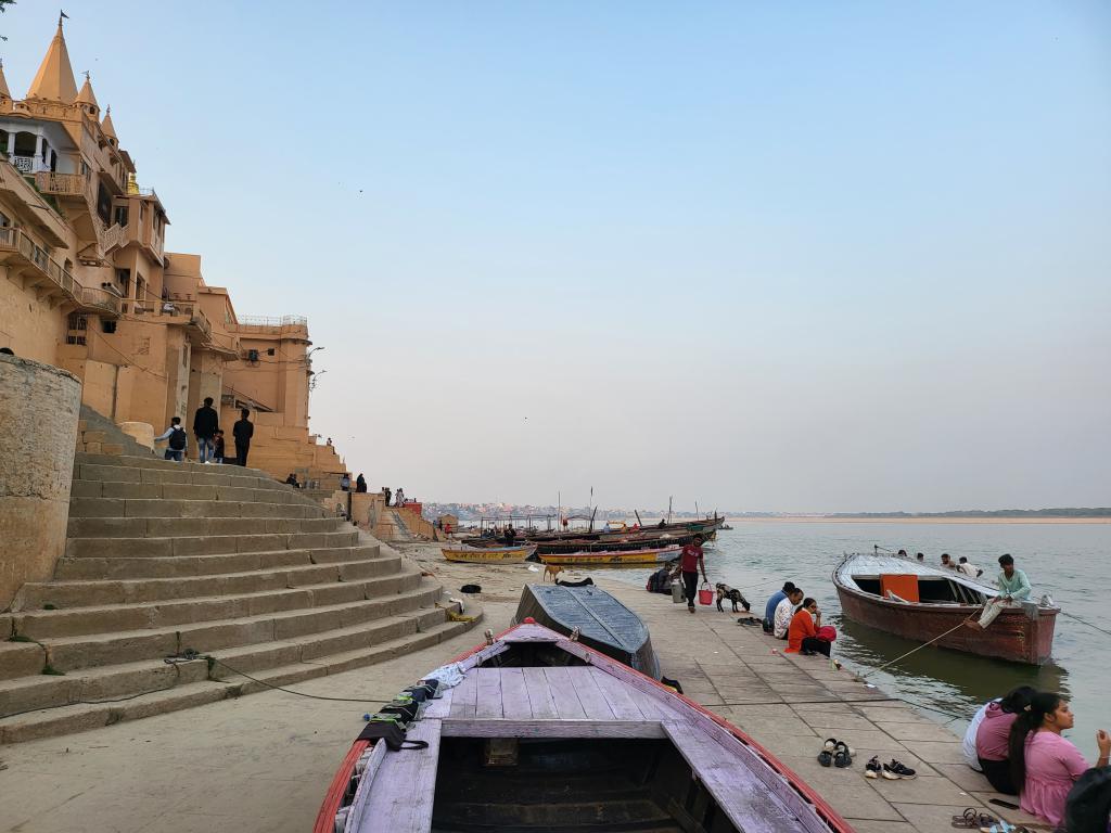 Old mansions on the high ground along the Ganges, with ghat leading to the river