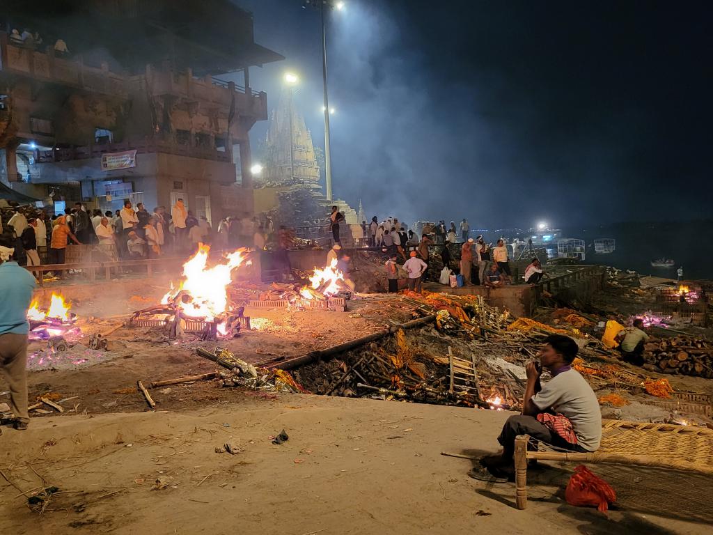 Manikarnika Ghat on the bank of the Ganges in Varanasi, a cremation ghat where bodies are burnt day and night 