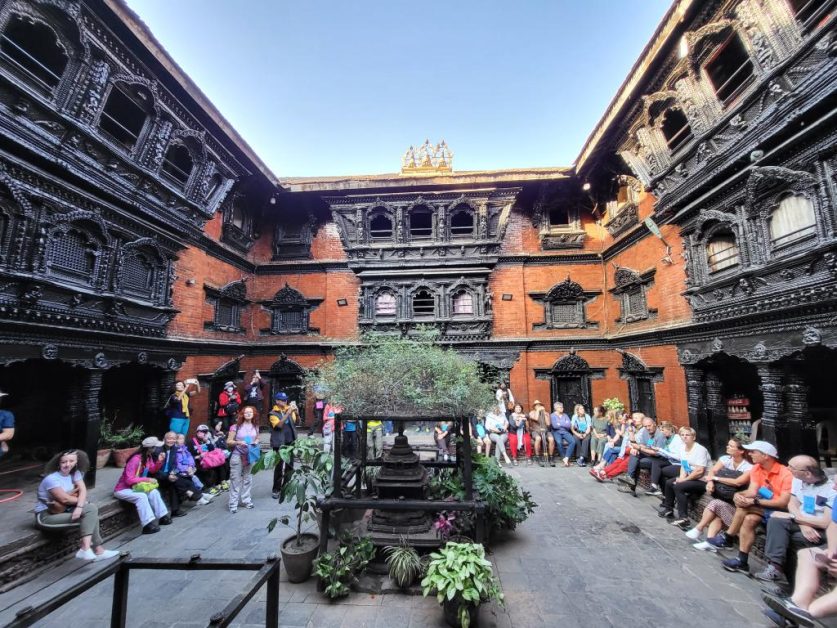 Balcony and courtyard of Kumari Ghar in Durbar Square. A historical palace of the living goddess Kumari