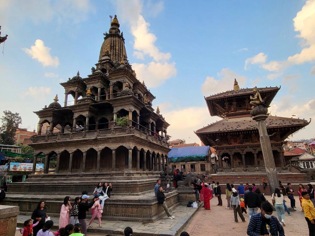 Krishna Temple, a 17th-century Shikhara-style temple, damaged by the 2015 Nepal earthquake and restored in 2018; and Vishwanath Temple 