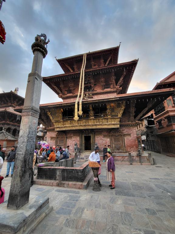 Bhindyo Temple, in Patan Durbar unusual 3-story pagoda dedicated to Bhimsen, the famously strong god of trade & business