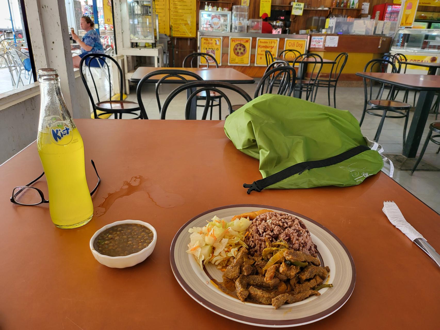 Local signature dish of lentil soup, bean rice, beef and salad