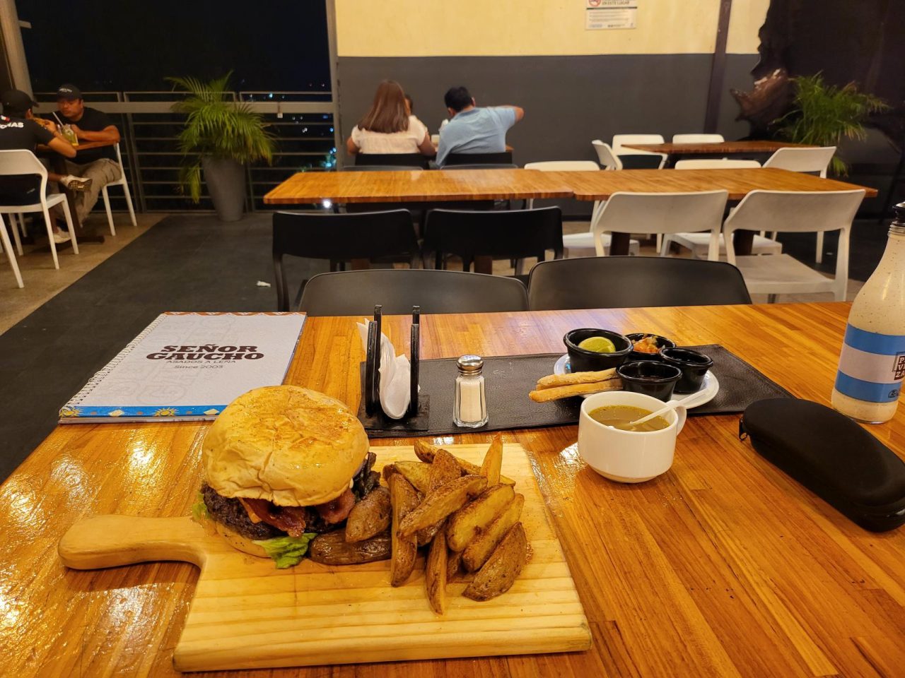 A Western burger  dinner in Salvador soon after arriving from Nicaragua