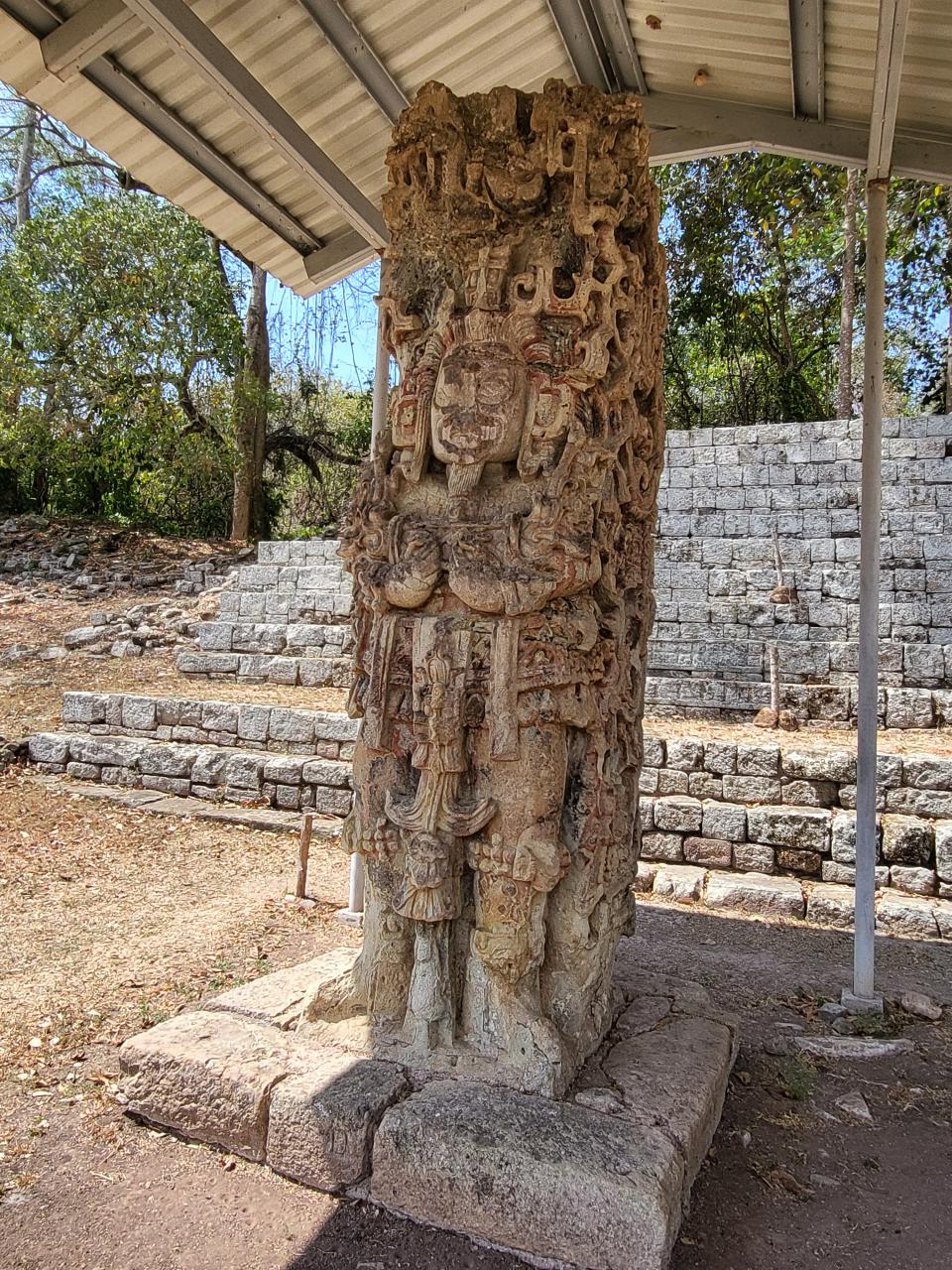 One of numerous stelae on display in Copan Ruinas