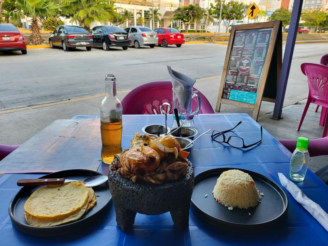 Mexican meal of pot pollo, tortilla and rice in Cancun