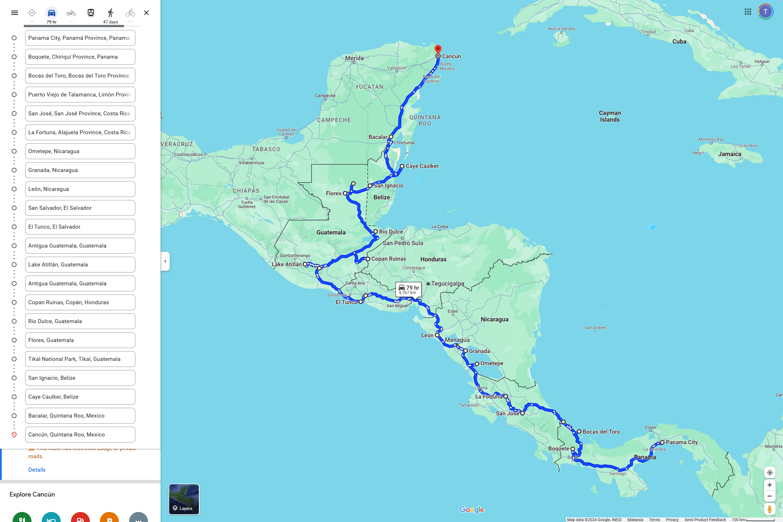 The route map - Central America