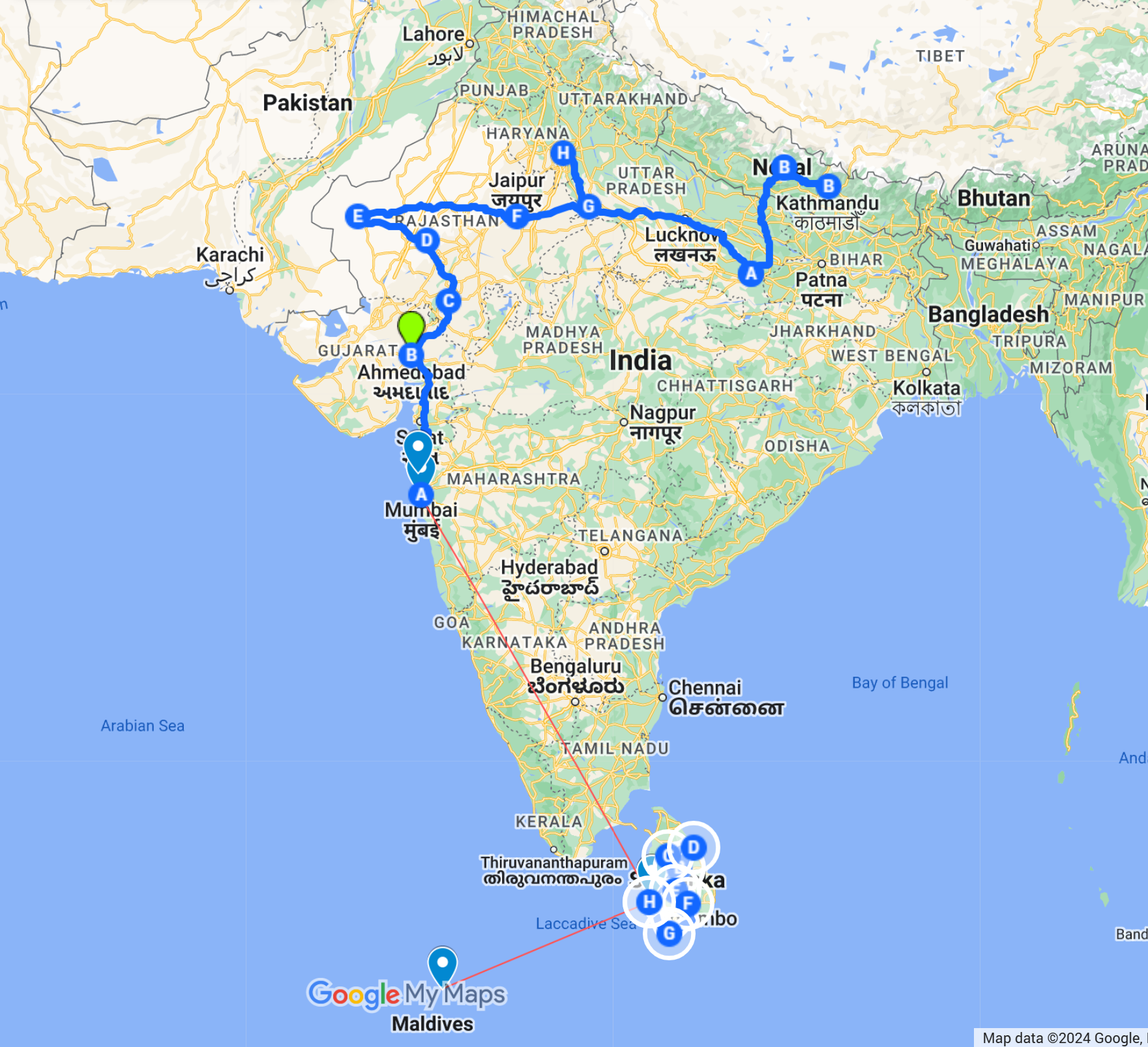 My route map - The Maldives, Sri Lanka, India, Nepal