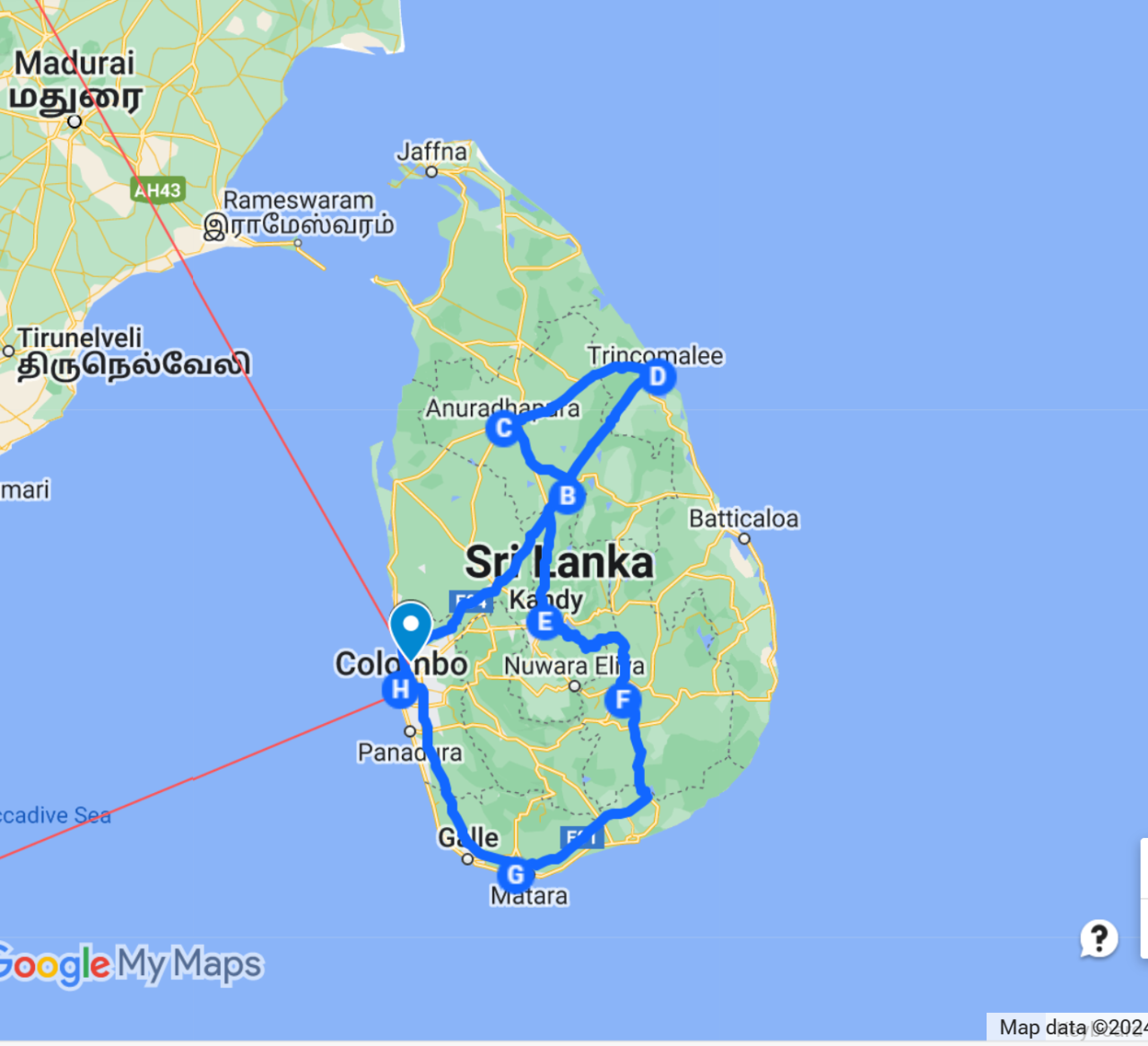 My Sri Lanka route map