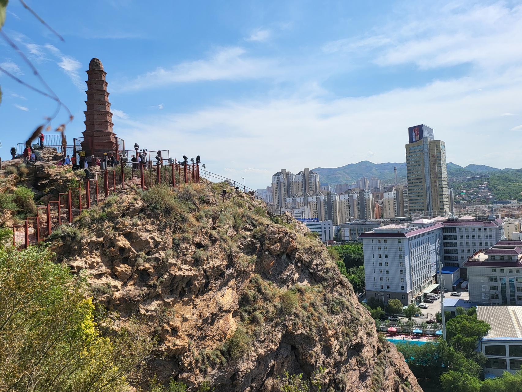 Historic pagoda on the peak at Hong Shan Park overlooking the city 