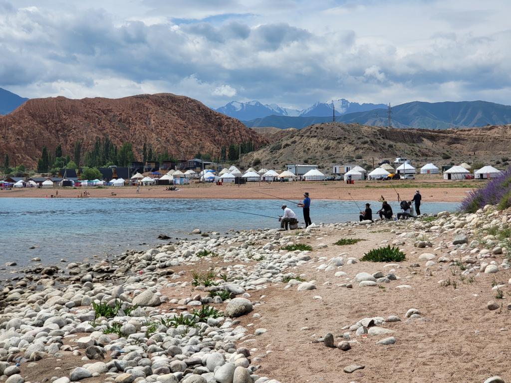 Yurts and anglers on Wild Beach, Issyk-Kul Lake