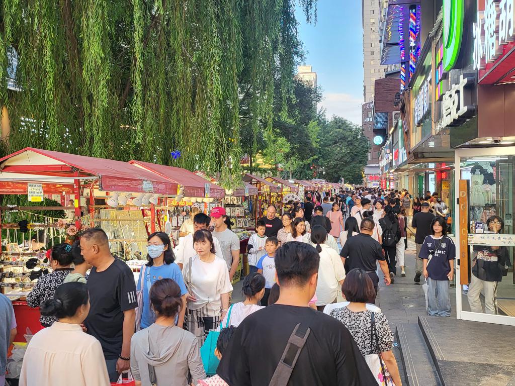 Crowded pedestrian shopping street, Lanzhou city center