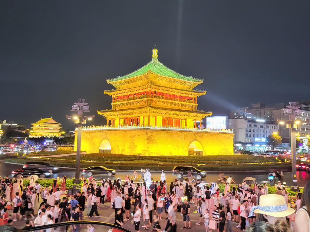 Xian Bell Tower after sunset, the Drum Tower in the background